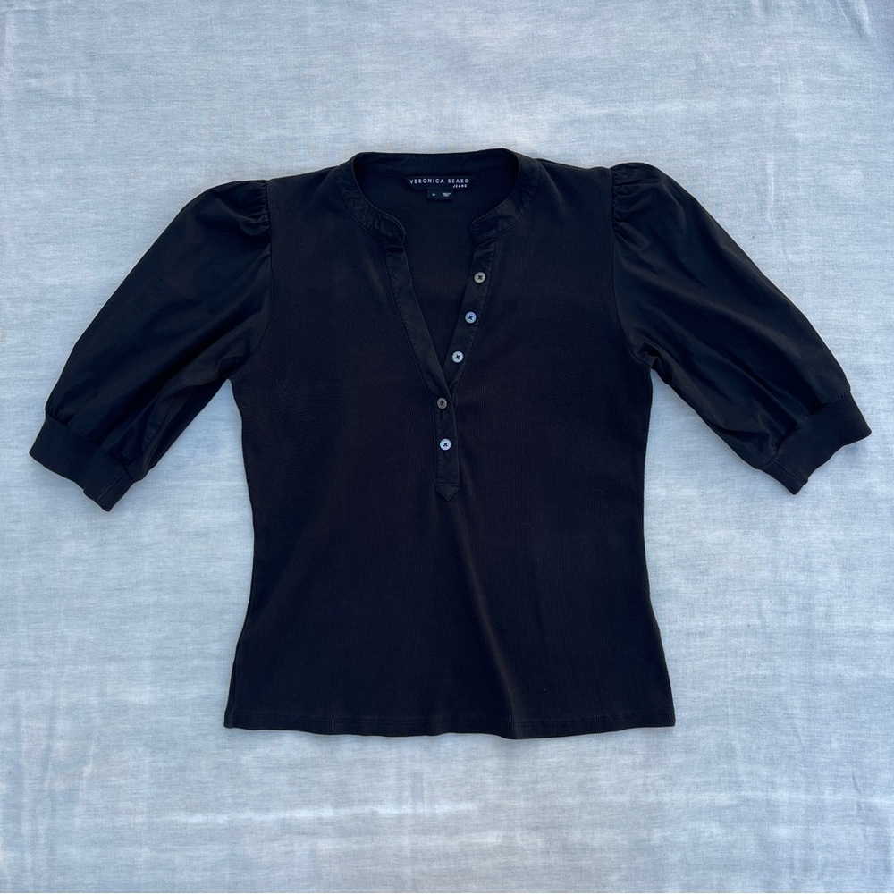 Veronica Beard Black Coralee Puff-Sleeve Top Size Medium Button Front Henley